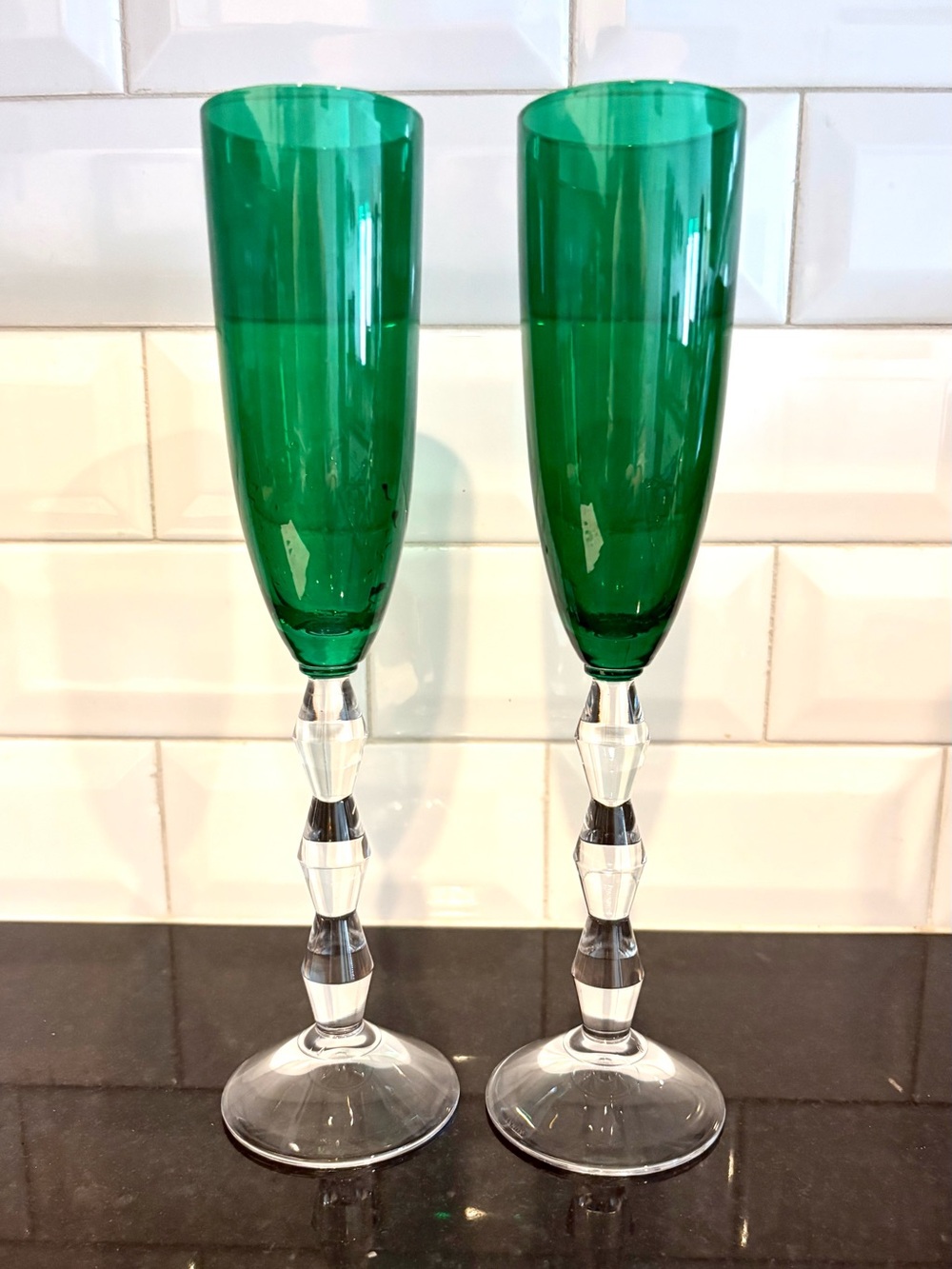 Lenox Carat Emerald Green Crystal Stem Champagne Flutes - Set of 2 Excellent